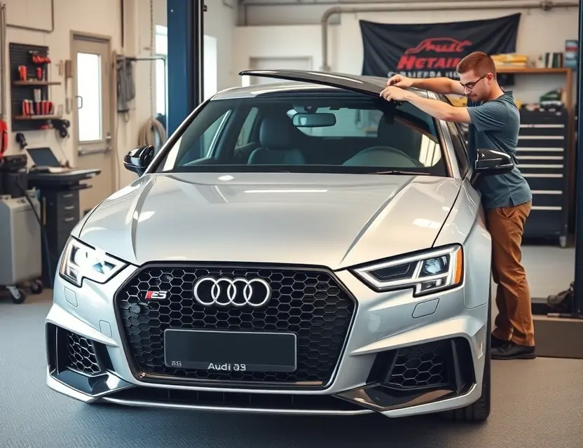 Замена лобового стекла Audi RS3 A high-quality, realistic photo of a modern Audi RS3 sedan in a professional auto repair shop, with the front windshield removed and a new glass panel being carefully installed by a technician using specialized tools. The car is silver or black, positioned on a lift, with bright workshop lighting highlighting the sleek body lines and the precision of the installation process. The background shows organized tools and a clean garage environment, emphasizing automotive expertise and safety.