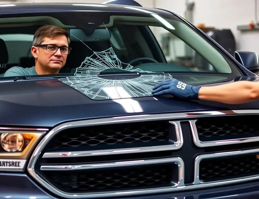 A high-quality image depicting a Dodge Durango with a cracked windshield being replaced by a mechanic. The mechanic is wearing safety glasses and gloves, and the replacement windshield is being carefully installed. The background shows a garage setting with tools and equipment. Focus on the replacement process and the professional environment.