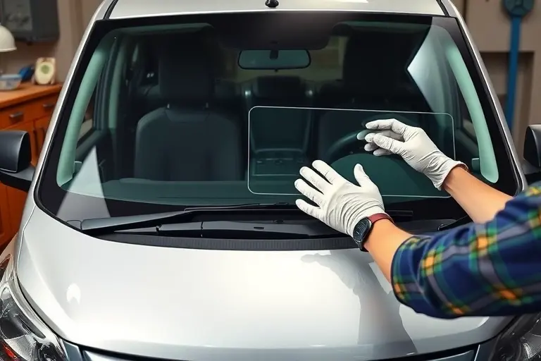 A realistic illustration of a mechanic replacing the windshield of a Jie Fang Shenwei 2.8 diesel vehicle. The scene shows the car’s front view with the old glass panel being removed and a new glass panel being fitted. The mechanic, wearing protective gloves, holds the new glass and uses a suction cup or a specialized tool. A workbench with tools, a small container of cleaning solution, and a safety mask are visible. The focus is on the glass replacement process, with clear reflections of the surrounding environment on the new glass. The image is well-lit, with a subtle depth of field that highlights the mechanic’s hands and the glass, while the car’s body and interior are slightly blurred. No text, letters, or digits appear in the image.