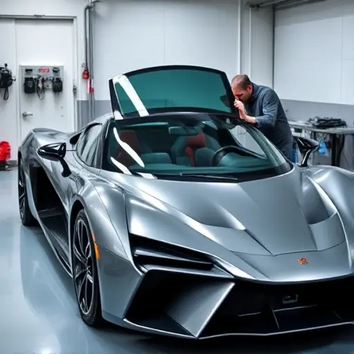 A sleek W Motors Lykan HyperSport 3.7 Twin Turbo parked in a modern garage, with a professional mechanic carefully removing the damaged windshield and holding a new windshield ready for installation. The scene highlights the car's distinctive low-slung silhouette, the glossy bodywork, and the precise tools used for the replacement, all captured in a realistic, high‑detail view without any text, logos, or distracting elements.