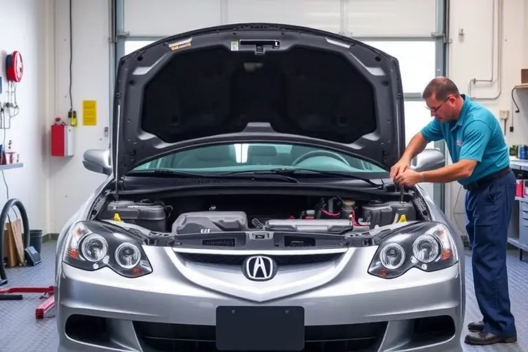 A detailed scene of an Acura Integra (model years 2002-2006) in a garage, showing a mechanic carefully removing the old windshield and installing a new one. The car is positioned centrally, with the hood open, windshield frame exposed, and automotive tools such as suction cups, a glass cutter, and a protective blanket visible. The lighting is bright and realistic, emphasizing the glass and metal surfaces, with a clean workshop background and no text or logos.