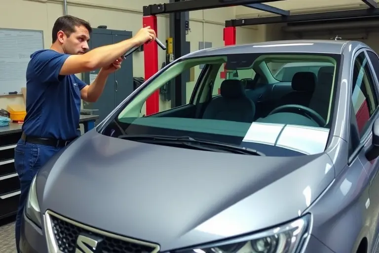 A detailed workshop scene showing a mechanic replacing the front windshield of a 2017 SEAT Ibiza 1.0 TSI 95 hp. The focus is on the car's front, the old glass being removed and a new clear glass being fitted. The setting includes a workbench, tools, a car lift, and a clear view of the windshield area. The image should emphasize the precision of the replacement and the modern interior of the vehicle.
