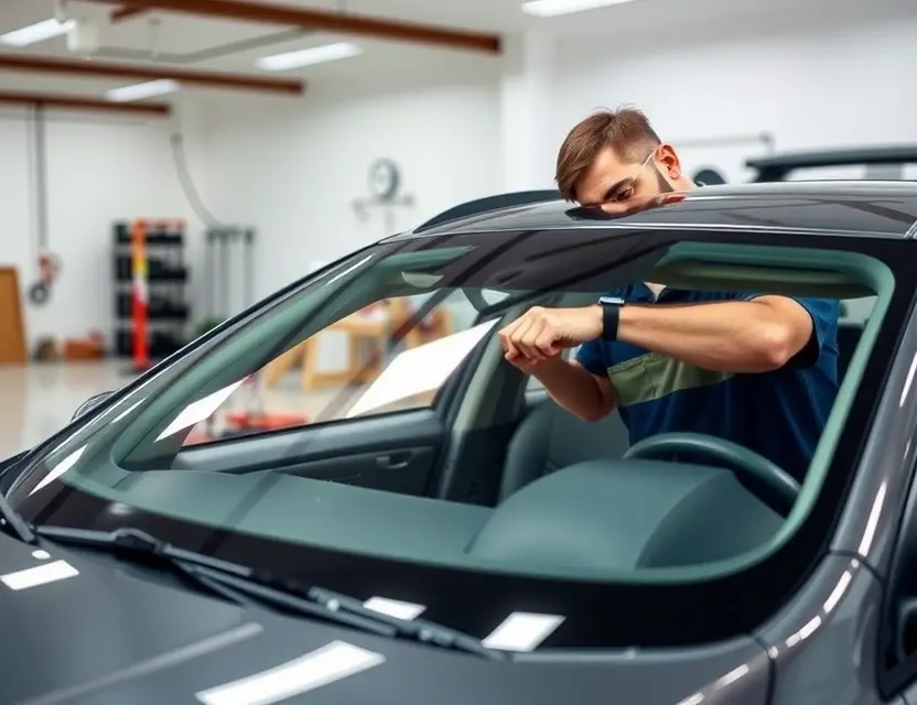 A high-quality image depicting a Peerless windshield replacement service. The image should showcase a technician working on a car windshield, with the old windshield being removed and the new Peerless windshield being installed. The car should be a modern sedan, and the background should be a clean, well-lit garage or workshop. Focus on the precision and quality of the windshield replacement process.