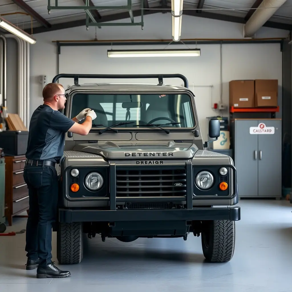 A professional mechanic in a clean workshop replacing the windshield on a Land Rover Defender 110, focusing on the glass installation process, high detail, realistic lighting