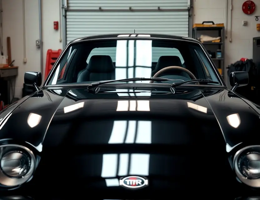 Замена лобового стекла TVR Chimaera A TVR Chimaera car with a newly replaced windshield, viewed from the front at a slight angle, showing the clean installation of the glass with no visible seams or damage, in a well-lit garage setting with professional tools nearby but not obstructing the view, realistic automotive detail