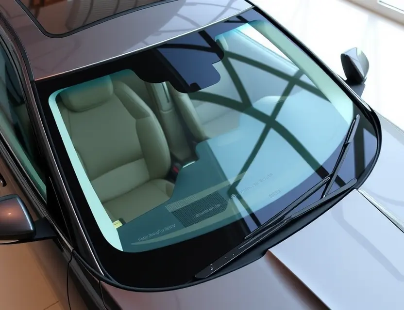 A high-quality image depicting a Jaguar XE with a replaced windshield. The windshield is clear and new, seamlessly integrated with the existing frame. The car is parked on a clean, well-lit surface, possibly a showroom or garage. Focus on the detail of the replacement and the car's overall condition.