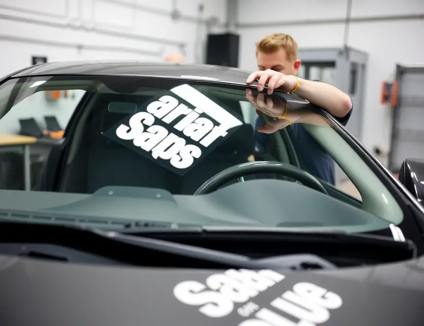 Замена лобового стекла Eunos A car windshield being replaced on a Mazda Eunos model, with a technician carefully removing the old glass and preparing to install a new one, clean workshop environment, professional tools visible, no text or logos