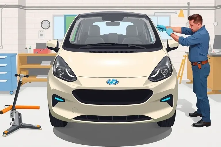 A realistic illustration of a mechanic replacing the windshield on a Mk EV 3 electric car. The image shows the car's front profile with the old windshield removed and the new one being installed. Tools such as a suction cup, a sealant dispenser, and a wedge are present. The workshop background includes a workbench, a car jack, and proper lighting. The car’s body is a neutral color and the scene emphasizes the mechanical process without any text or lettering.