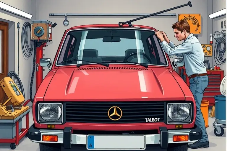 A detailed illustration of a mechanic replacing the windshield of a 1978-1986 Talbot Horizon 1.3 L 65 hp car. The scene shows the car’s front, the old windshield removed, a new windshield being installed, with tools and a workbench. The setting is a garage with proper lighting. The car is shown from a slightly angled front view, with the windshield area highlighted.