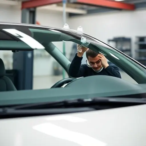 Замена лобового стекла Apollo N A close-up, high-quality photograph of a car windshield being installed on an Apollo N vehicle, showing a professional technician using suction cups to position the glass, with a clean workshop background and natural lighting, no text or logos visible