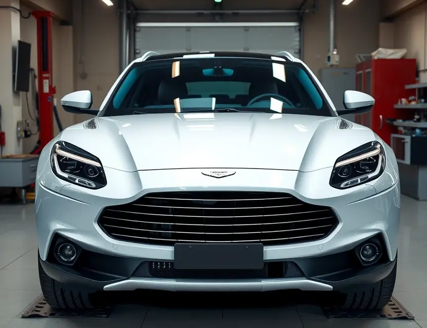 A high-quality image of an Aston Martin DBX707 SUV with a pristine front windshield replacement, showing a professional auto glass service in a modern garage, bright lighting, realistic details, no text or logos on the glass