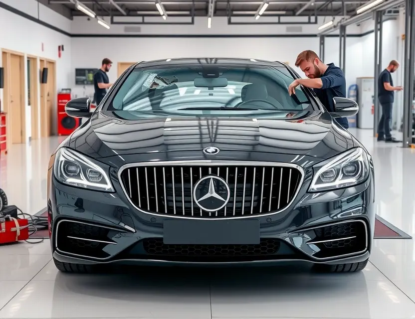 A modern luxury limousine with a damaged front windshield being replaced by a professional technician in a clean, well-lit auto service center, showing the new transparent windshield being carefully installed, no people in the background, focus on the vehicle and the replacement process