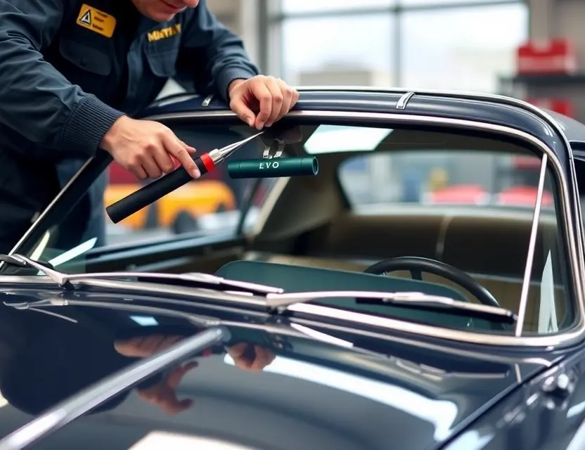 A close-up shot of an Aston Martin DB2's windshield being carefully removed by a skilled technician. The focus should be on the glass replacement process, showing tools and parts involved. The car should be in a well-lit garage setting.