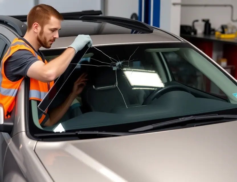 A GMC Terrain with a cracked windshield being replaced by a mechanic. The mechanic is wearing a safety vest and gloves. The replacement windshield is being installed. The background is a garage with tools and equipment.