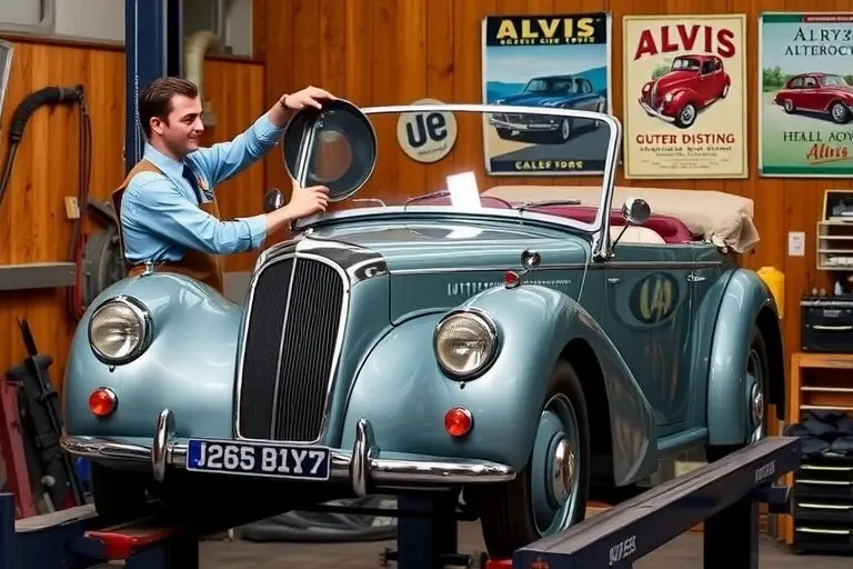 A vintage 1940s Alvis TA automobile (model 3.0 L R6, 75 hp, produced 1946-1950) in a classic workshop, with a mechanic in period-appropriate attire carefully removing the old windshield and installing a new one. The scene shows the car on a wooden lift, period tools such as brass wrenches and a leather apron, soft natural lighting highlighting the polished metal and chrome details, and a background of wooden panels and vintage automotive posters.
