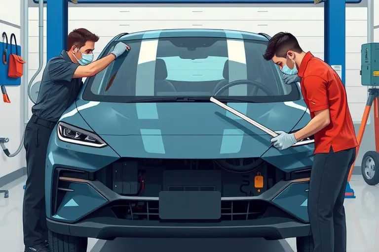A detailed illustration of a mechanic replacing the windshield of a 2020 Ora Good Cat electric car. The scene shows the car's front end with the old windshield removed and a new one being installed. The mechanic is wearing protective gloves and a face mask, holding a windshield wiper. The background is a clean garage setting with tools and a car lift. The focus is on the car's front and the replacement process, with realistic lighting and textures.