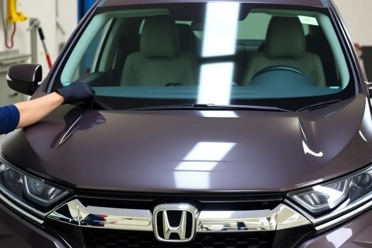 A close-up of a Honda CR-V 2.0 Hybrid 204 hp (2020–present) windshield replacement in a workshop. The image shows a mechanic wearing gloves, a new clear glass panel being fitted onto the car’s front, with tools and a clean, neutral background. No text, letters, or numbers are present.