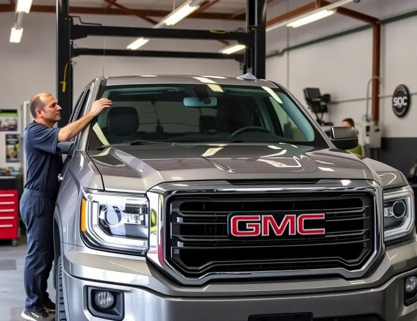Замена лобового стекла GMC A GMC vehicle with a new windshield being installed by a professional technician in a well-lit auto repair shop, showing the replacement process with tools and equipment nearby, no people in the foreground, clean and professional environment