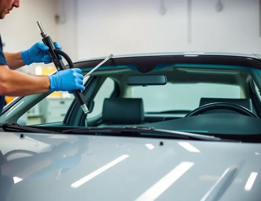 Замена лобового стекла Oldsmobile Aurora Close-up, realistic photograph of a professional auto-glass technician carefully installing a brand-new windshield into a silver Oldsmobile Aurora sedan in a clean, well-lit garage. The technician wears blue nitrile gloves and holds a specialized windshield-setting tool, aligning the pristine glass into the frame. The car's dashboard and A-pillars are visible through the crystal-clear glass, emphasizing the precision of the replacement. Soft overhead workshop lighting highlights the glossy surfa