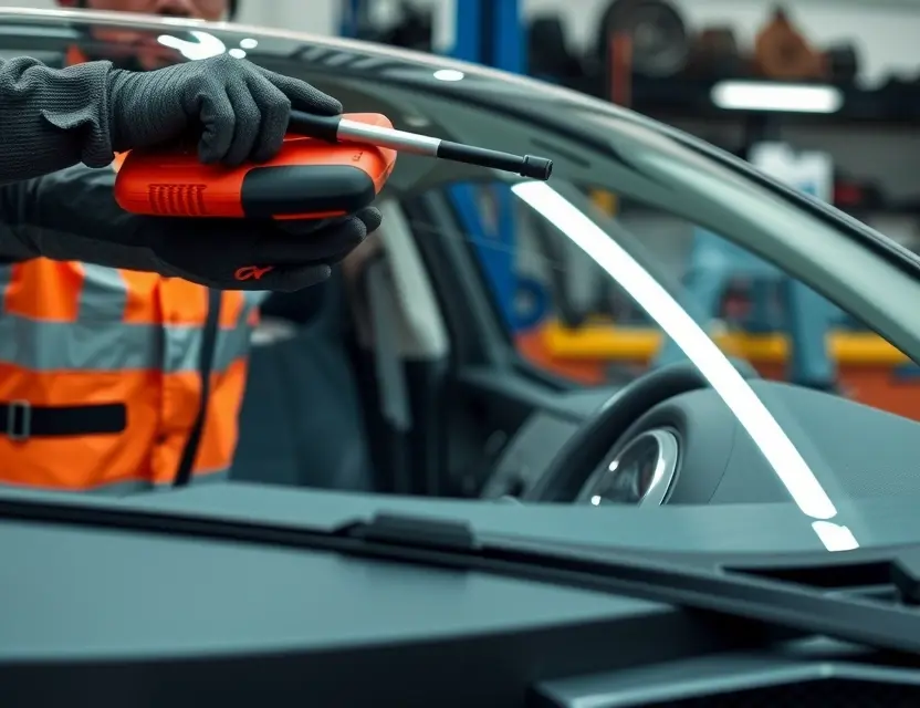 A close-up shot of a Fiat Tipo car windshield being replaced by a mechanic. The mechanic is wearing gloves and a safety vest, and the windshield replacement tools are visible. The background is a workshop setting with other car parts and equipment.