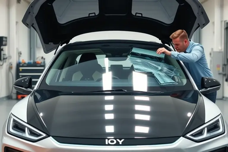 A modern electric Aion Y sedan in a clean garage setting, with a technician carefully removing the damaged windshield and installing a new transparent windshield. The scene shows the car's front view, the open hood, specialized glass replacement tools, and a focus on the windshield area, with realistic lighting and reflections on the glass.