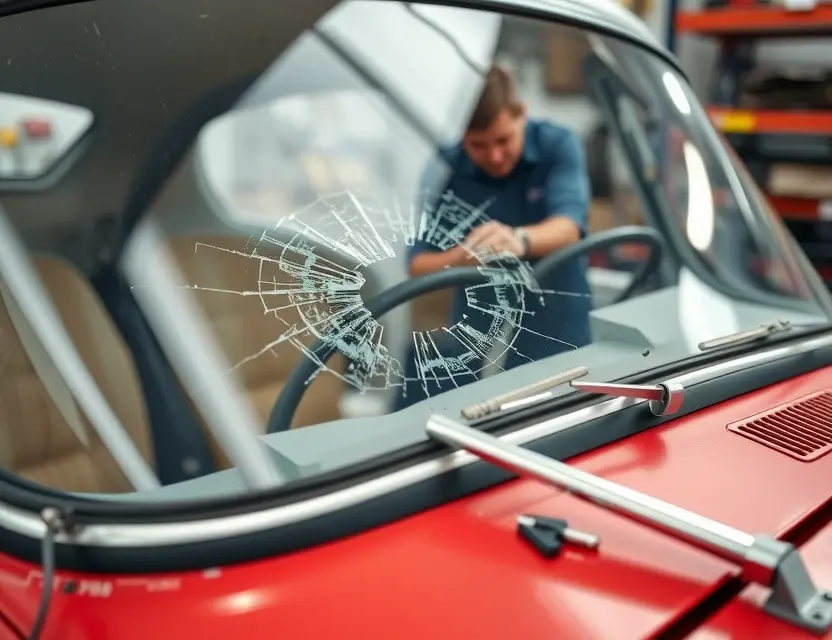 A close-up shot of a GAZ 21 Volga with a cracked windshield, showing the process of a windshield replacement. A mechanic is working on the windshield, with tools and parts visible in the background. The focus is on the damaged windshield and the repair process.