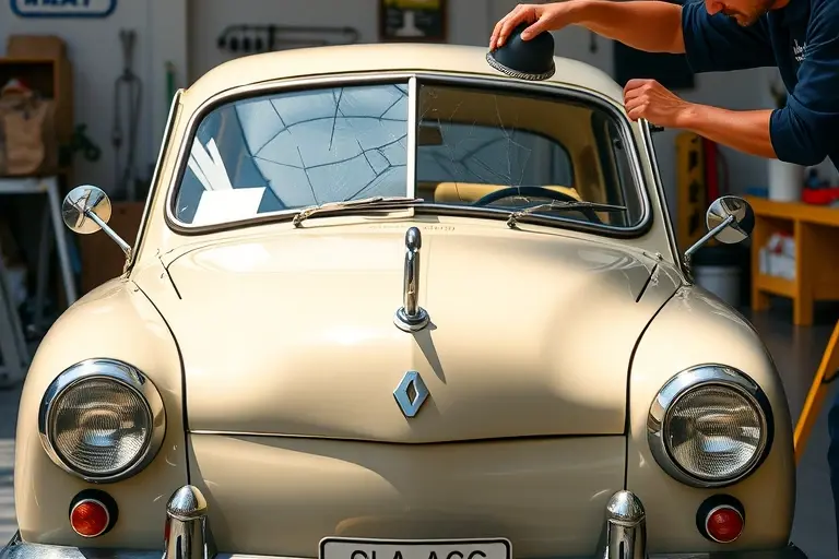 A classic 1950s Renault AC Aceca front view with a mechanic replacing the windshield: the cracked original glass being lifted off, suction cups and tools in use, a new windshield positioned nearby, realistic detail, bright daylight, no text or logos