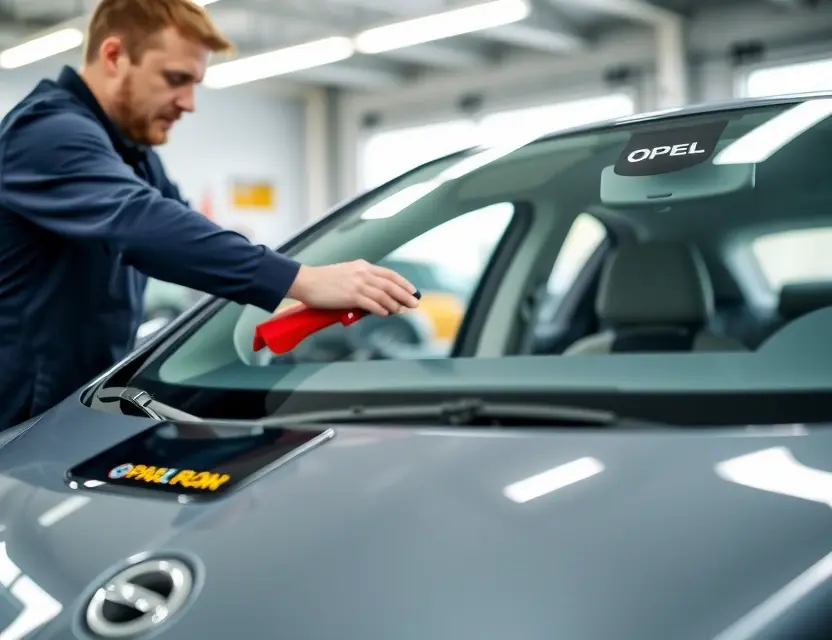 A high-quality image depicting a car windshield replacement service being performed on an Opel vehicle. The focus should be on a mechanic working on the windshield, with the Opel car clearly visible in the background. The scene should be well-lit and professional-looking.