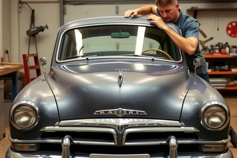 A detailed, realistic scene of a mechanic replacing the windshield on a 1952 Kaiser Manhattan 2.6L 100hp car. The image shows the car's front end with the old glass removed, a new windshield being fitted, tools and a workbench in the background, all in a workshop setting. No text, letters, or digits should appear in the image.