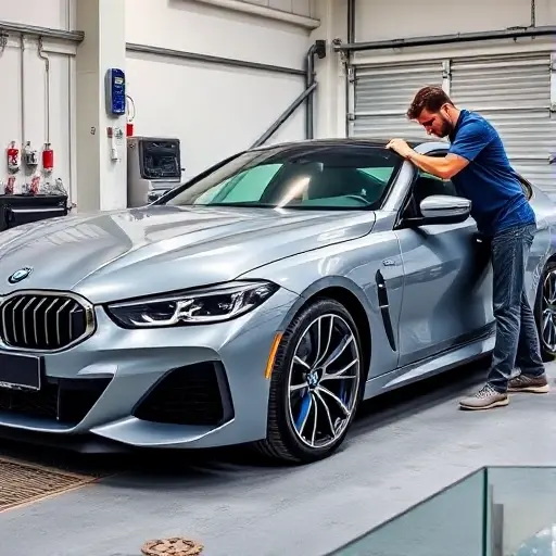 A sleek Alpina B8 Gran Coupe parked in a professional auto repair shop, with its front windshield removed and a new glass panel being carefully installed by a technician using specialized tools. The car's distinctive blue and green Alpina wheels and badge are visible. The scene is well-lit with a clean, modern garage background, emphasizing the precision of the windshield replacement process.