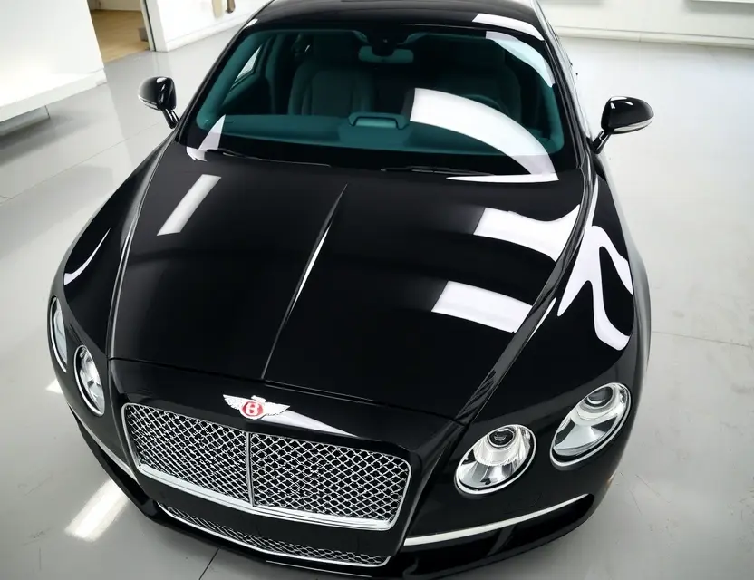 A Bentley Flying Spur with a replaced windshield, showcasing the new glass. The car is parked on a clean, modern garage floor. Focus on the clarity and quality of the replacement windshield.