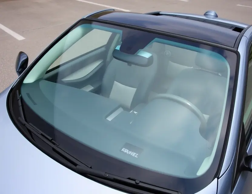 A high-quality image depicting a BMW 3er (E90) with a replaced windshield. The windshield is clear and new, seamlessly integrated with the existing frame. The car is parked outdoors on a clean, paved surface. Focus on the detail of the windshield replacement and the car's overall condition.