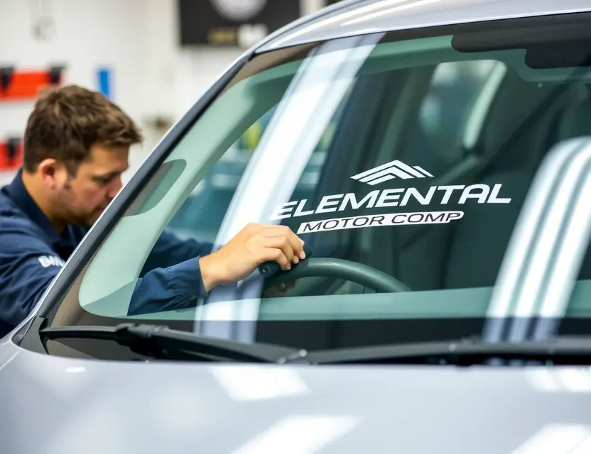 Предлагаем услугу по замене лобового стекла Elemental Motor Company A high-quality image depicting a car windshield replacement service performed by Elemental Motor Comp. The image should showcase a technician working on a car windshield, with the Elemental Motor Comp logo prominently displayed on the vehicle or in the background. The scene should be clean and professional, highlighting the expertise and quality of the service.