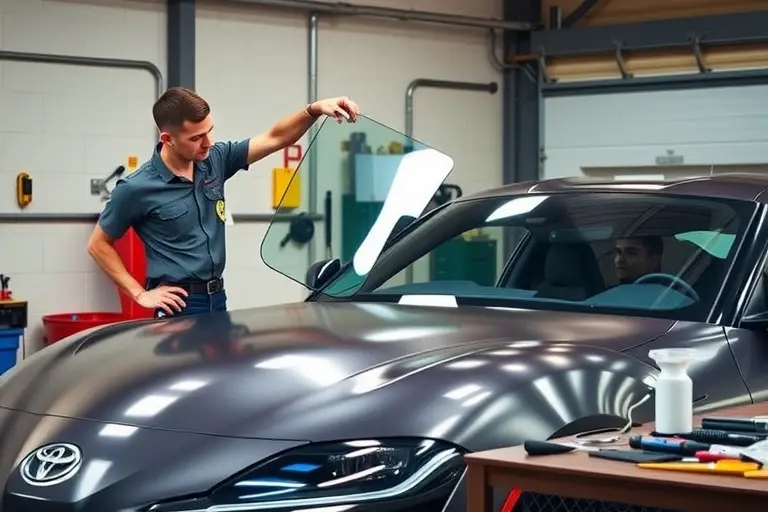 A mechanic in a garage replacing the windshield of a 2019 Toyota GR Supra 2.0 Turbo, with the car's hood open, the new windshield in hand, tools on a workbench, the car's sleek body visible, no text or logos