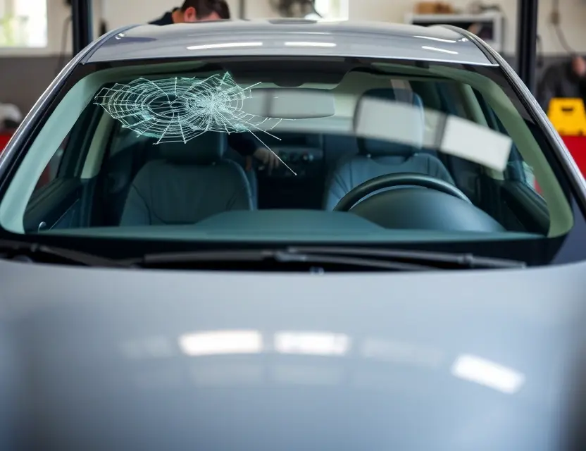 A Brilliance car with a cracked windshield undergoing windshield replacement. The car is parked on a service bay with a mechanic working on the windshield. Focus on the replacement process and the car's exterior.