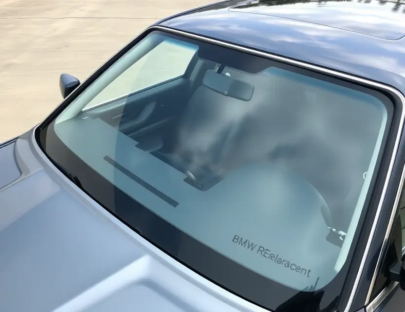 A high-quality image depicting a BMW 7er (E32) with a replaced windshield. The windshield is clear and new, seamlessly integrated with the existing frame. The car is parked outdoors on a clean, paved surface. Focus on the detail of the windshield replacement and the overall condition of the vehicle.