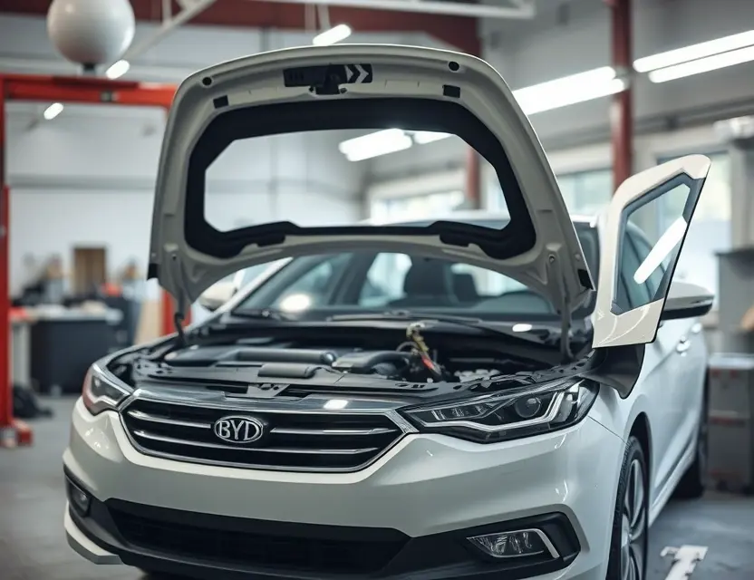 Замена лобового стекла BYD Seal A high-quality, realistic photo of a BYD Seal sedan in a professional auto repair shop with its front windshield removed, exposing the frame and adhesive area, with a new windshield resting nearby on a protective stand, bright workshop lighting, clean environment, no people, no text, no logos