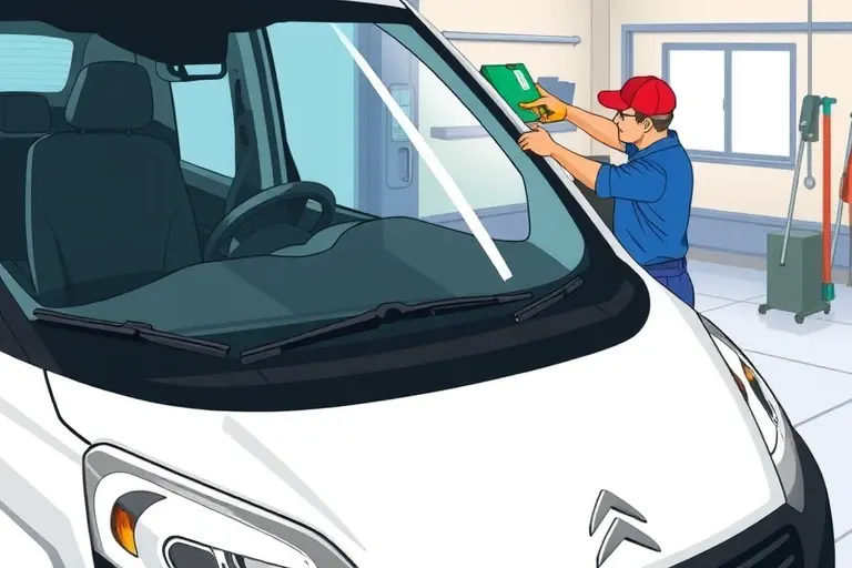 A detailed illustration of a mechanic replacing the windshield of a Citroën Berlingo 1.5 BlueHDi 130 hp, showing the car's front, the mechanic's hands, the new windshield, and tools, in a clean workshop setting