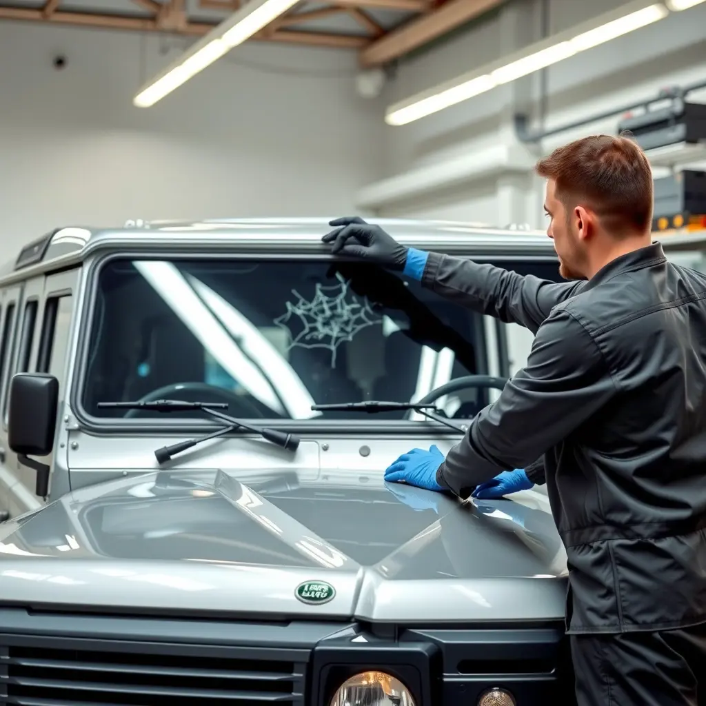 A professional mechanic in a clean workshop wearing blue gloves carefully removing a cracked windshield from a silver Land Rover Defender 90, high detail, realistic lighting, 8k resolution