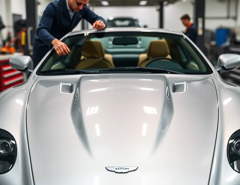 Замена лобового стекла Aston Martin DB7 Vantage A high-quality professional photograph of a sleek Aston Martin DB7 Vantage in a modern auto repair shop, focusing on the front windshield area where a technician is carefully installing a new glass panel. The car is silver or metallic grey, clean and polished, with soft studio lighting highlighting the curves of the hood and the precision of the work. The background shows blurred automotive tools and a clean workshop environment, emphasizing the luxury and engineering of the vehicle.