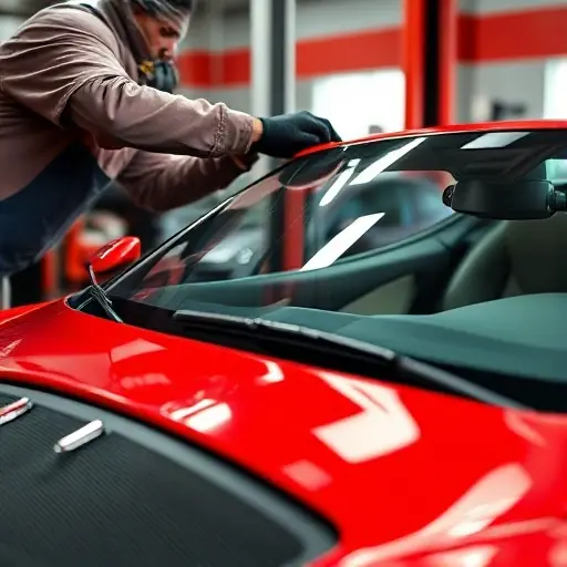 A close-up of a mechanic replacing the windshield of a red Ascari sports car in a professional auto repair garage, with tools and glass suction cups visible, soft natural lighting, high detail, realistic textures