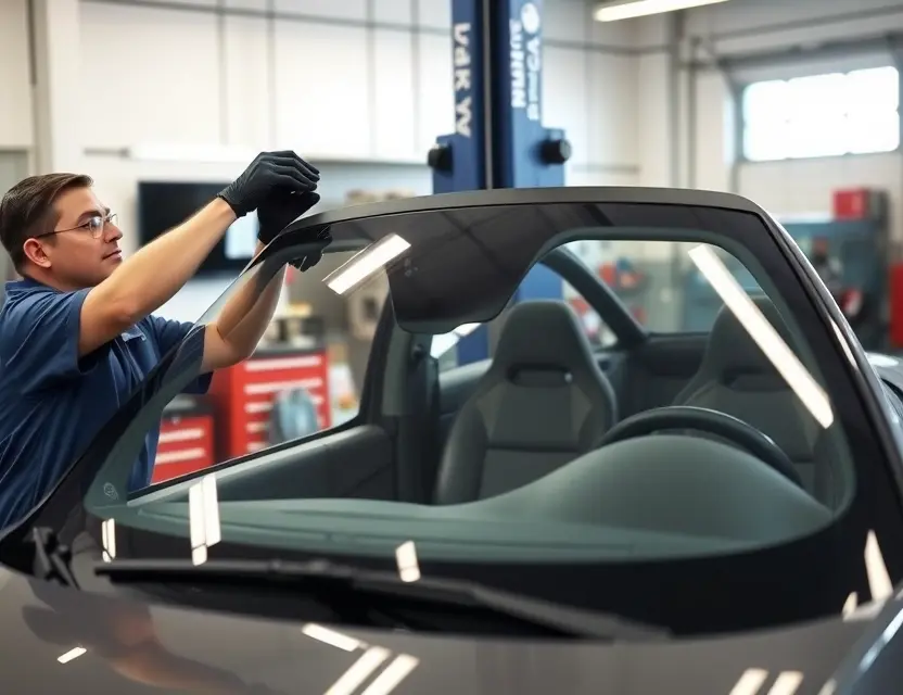 Замена лобового стекла Lynk & Co 09 A professional auto repair scene where a technician is carefully replacing the windshield of a Lynk & Co 09 car. The car should be in a well-lit garage with various auto repair tools and equipment in the background. The technician should be wearing safety gear, including gloves and goggles, and the new windshield should be positioned for installation.
