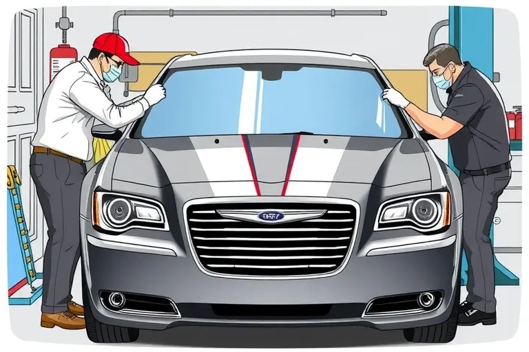 A realistic illustration of a mechanic replacing the windshield of a Chrysler 300 (model years 2011-2023) in a garage setting. The image shows the car's front, the old windshield being removed, the new windshield being installed, with tools and a protective cover. No text or lettering is present.