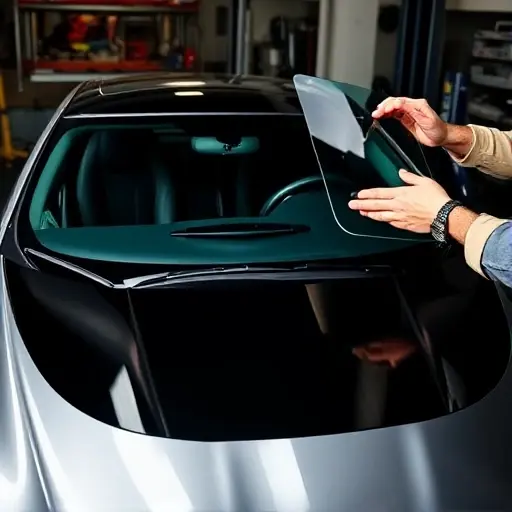 A close-up of a 2007-2012 Avanti 6.2 L V8 400 hp car with its windshield being replaced. The image shows the old windshield removed, the new windshield being fitted onto the car's front, with a mechanic's hands holding the new glass. The scene is set in a clean automotive repair bay with minimal background clutter.