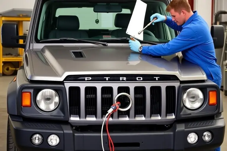 A UAZ Patriot (2005 model) parked in a workshop with its front windshield being removed by a mechanic wearing a blue jumpsuit and safety gloves. The scene shows the car's front end, the partially detached windshield, tools like a suction cup and screwdriver, and a clean, well-lit garage environment. Emphasize realistic details of the vehicle's rugged design and the replacement process.