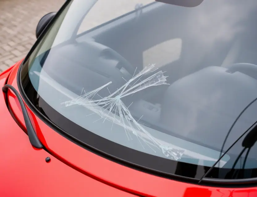 A close-up shot of a Melkus RS 1000 car with a replaced windshield. The windshield should be clear and new, contrasting with the older, slightly damaged windshield that is being removed. The car should be parked on a clean, paved surface. Focus on the details of the replacement process and the new windshield's clarity.