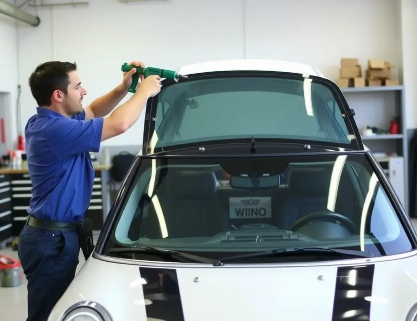 A professional mechanic replacing the windshield of a MINI car in a well-lit garage. The mechanic is using specialized tools to carefully remove the old windshield and install the new one. The car is positioned in the center of the image, and the mechanic is focused on the task. The garage is clean and organized, with various automotive tools and equipment visible in the background.