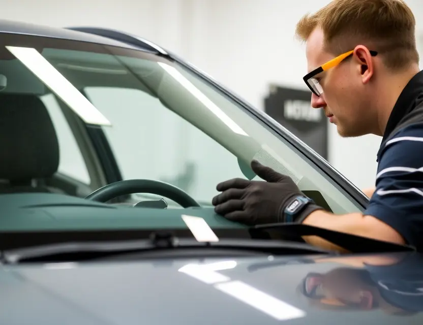 A close-up shot of a Hyundai car windshield being replaced by a technician. The technician is wearing safety glasses and gloves, and the windshield replacement tools are visible. The background is a clean, well-lit garage or workshop.