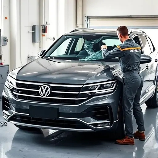 A realistic scene of a Volkswagen Touareg R PHEV 3.0 V6 TSI parked in a clean workshop, a technician in work overalls carefully removing the damaged windshield and installing a new glass, with tools and a protective sheet, bright natural lighting, focus on the car and windshield replacement process, no logos or text