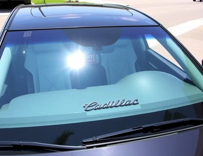 A Cadillac CT4 with a replaced windshield, showcasing the new glass. The car is parked outdoors on a sunny day. Focus on the clarity and quality of the replacement windshield.